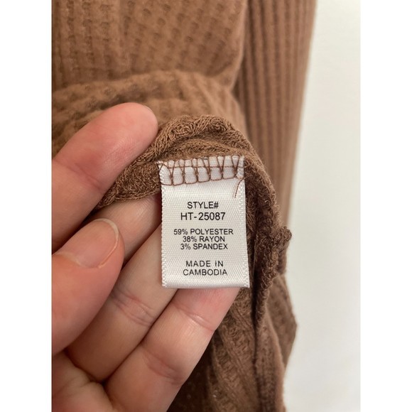 Zenana Thermal Waffle Knit Cowl Neck Hi-Low Tunic Oversized Sweater Cocoa Rayon - Picture 13 of 16